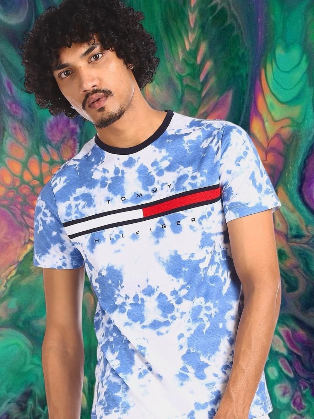Tommy Hilfiger Blue and White Tie-Dye Logo Crewneck Tee with Red Accent